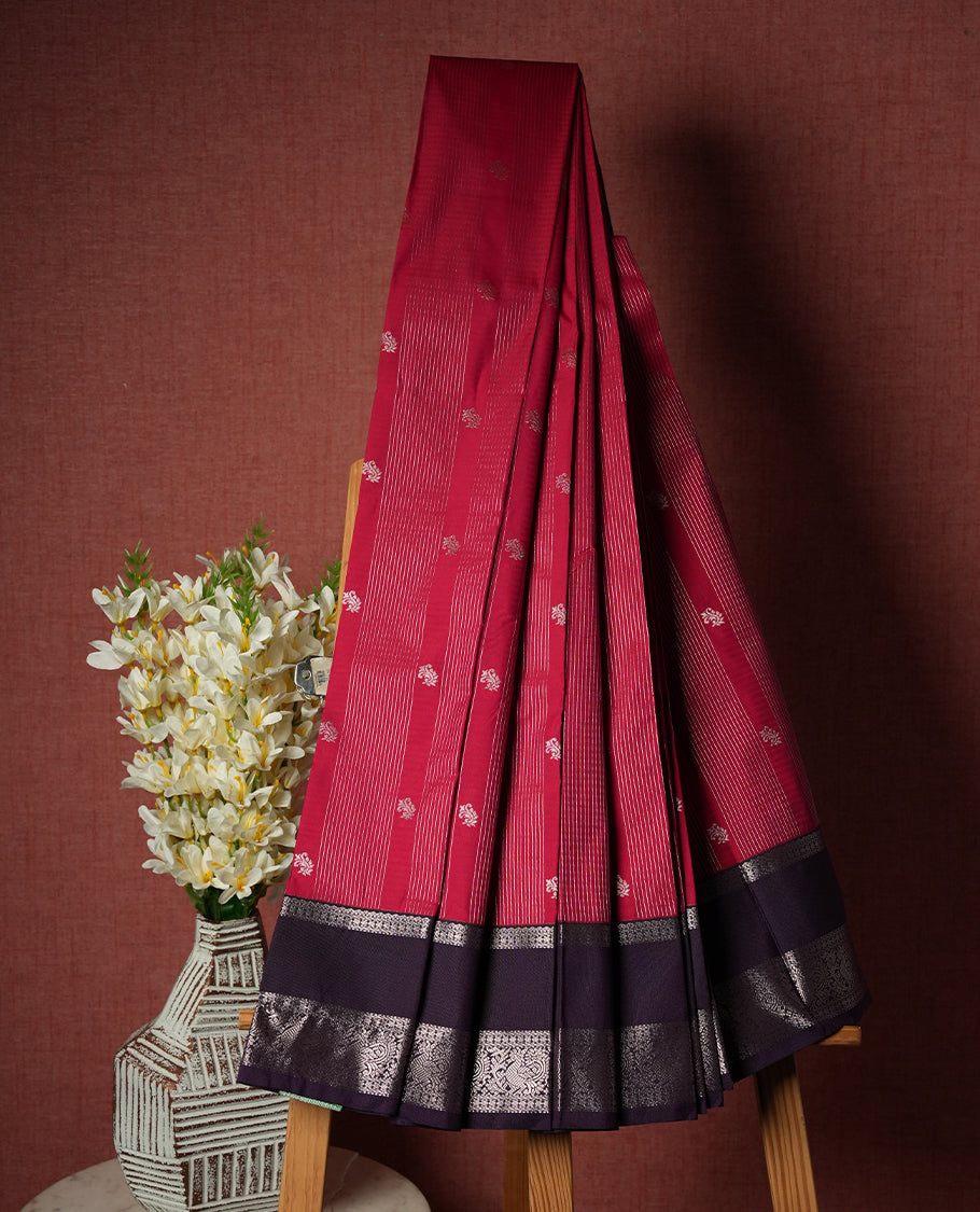 Rani Pink Colour Semi Silk Saree with Silver Diagonal Striped Butta Body, Contrasting Eggplant Purple Silver Zari Pallu & Border, Diamond Lattice Motifs, and Matching Blouse Piece
