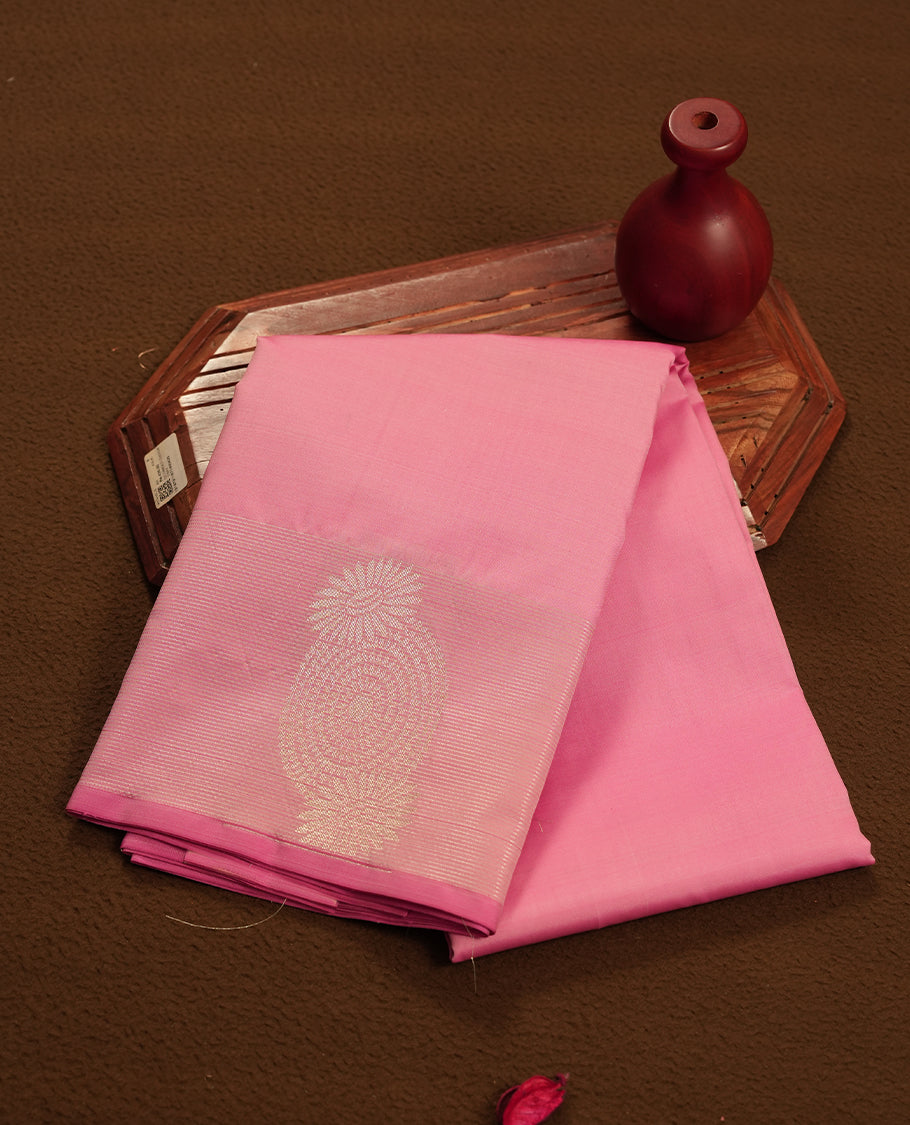 Pink Colour Semi Soft Silk Saree Featuring a Plain Body, Complemented by Silver Zari Pallu & Border and a Matching Blouse Piece