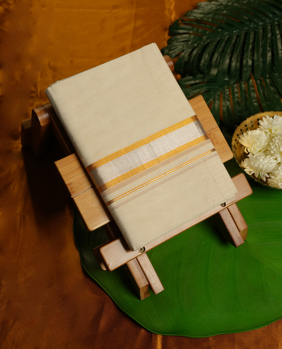 Cream Colour Pure Cotton double Dhoti with Silver and gold Colour Border for Men