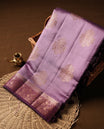 Purple Banaras soft silk saree with gold zari oval motifs on body, with contrast Deep Purple colour floral pattern on pallu, border, and Matching blouse.