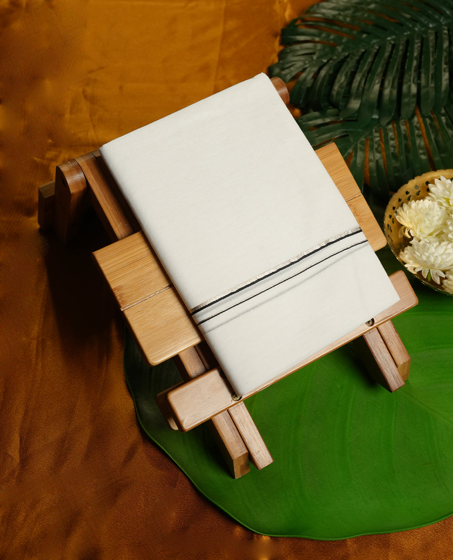 White Colour Pure Cotton double Dhoti with Silver and Black Colour simple Border for Men