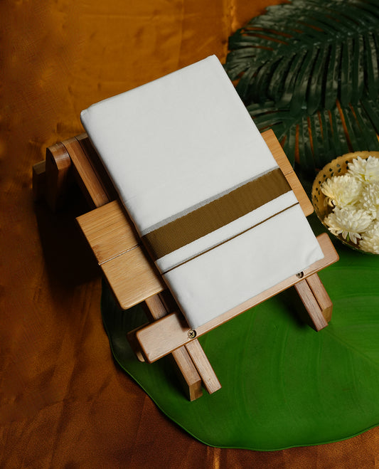 White Colour RAMRAJ Pure Cotton double Dhoti with Khaki Colour Border for Men