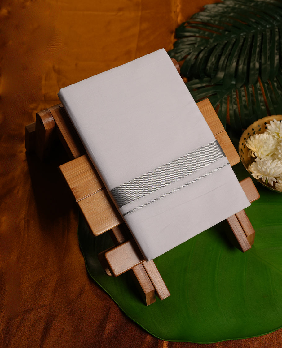 White Colour Pure Cotton double Dhoti with Silver Colour Simple Border for Men