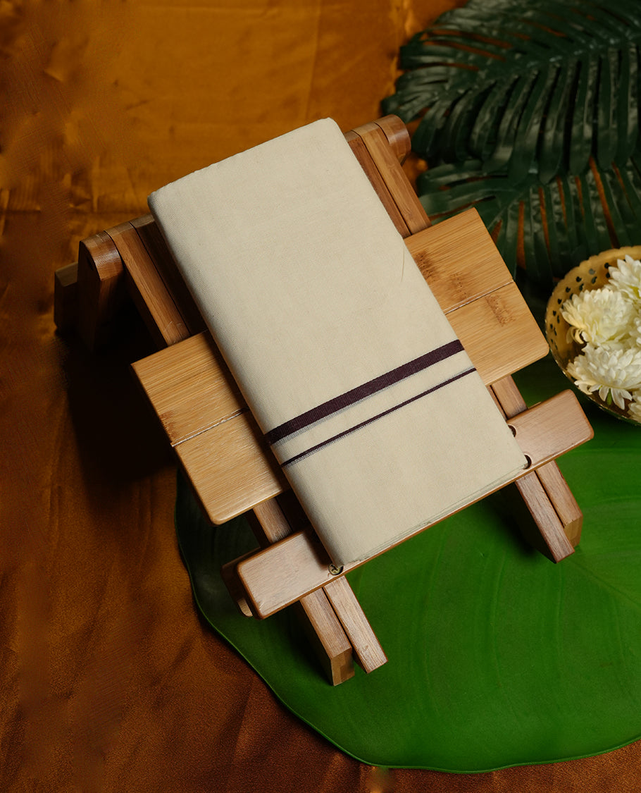 Cream Colour Pure Cotton double Dhoti with Dark brown Colour simple Border for Men