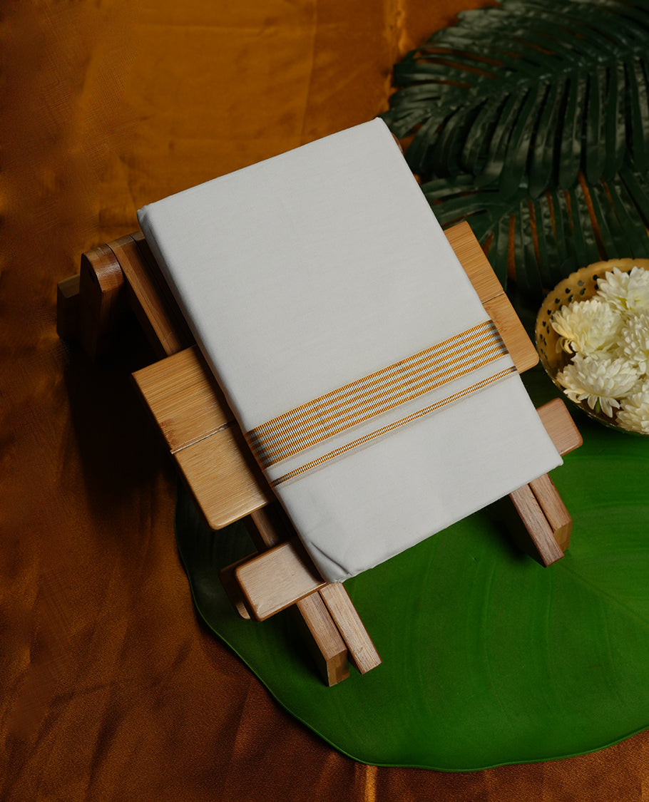 White Colour RAMRAJ Pure Cotton double Dhoti with Gold and Silver Colour Border for Men