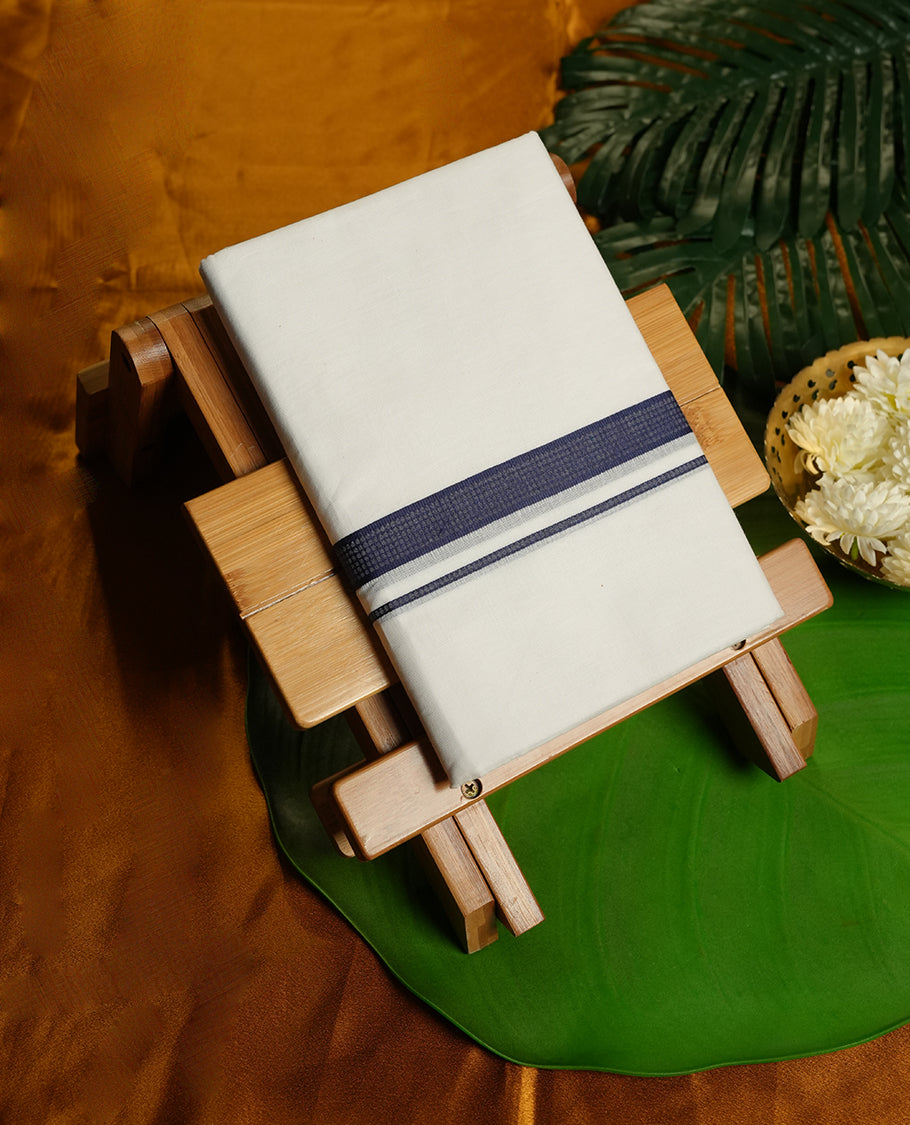 White Colour MINISTER WHITE Pure Cotton double Dhoti with Dark Blue Colour Border for Men