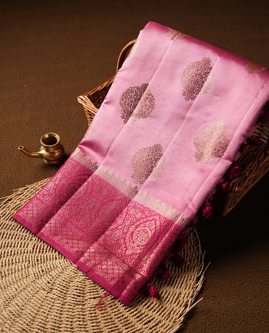 Pink Banaras soft silk saree with gold zari oval motifs on body, with contrast mangena colour floral pattern on pallu, border, and Matching blouse.