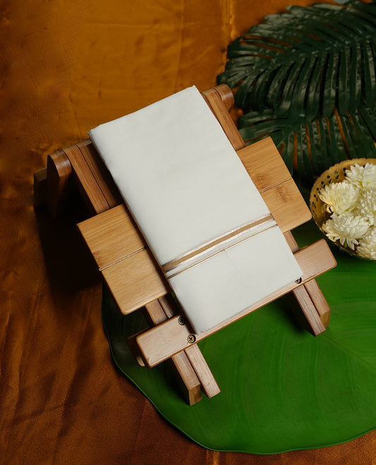 White Colour MINISTER WHITE Pure Cotton double Dhoti with Silver and gold Colour simple Border for Men