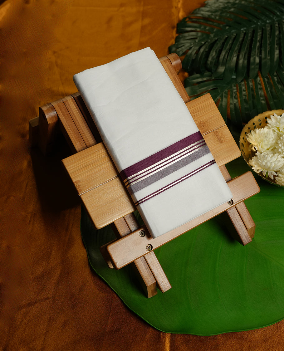 White Colour Pure Cotton double Dhoti with Maroon and silver Colour Simple Border for Men