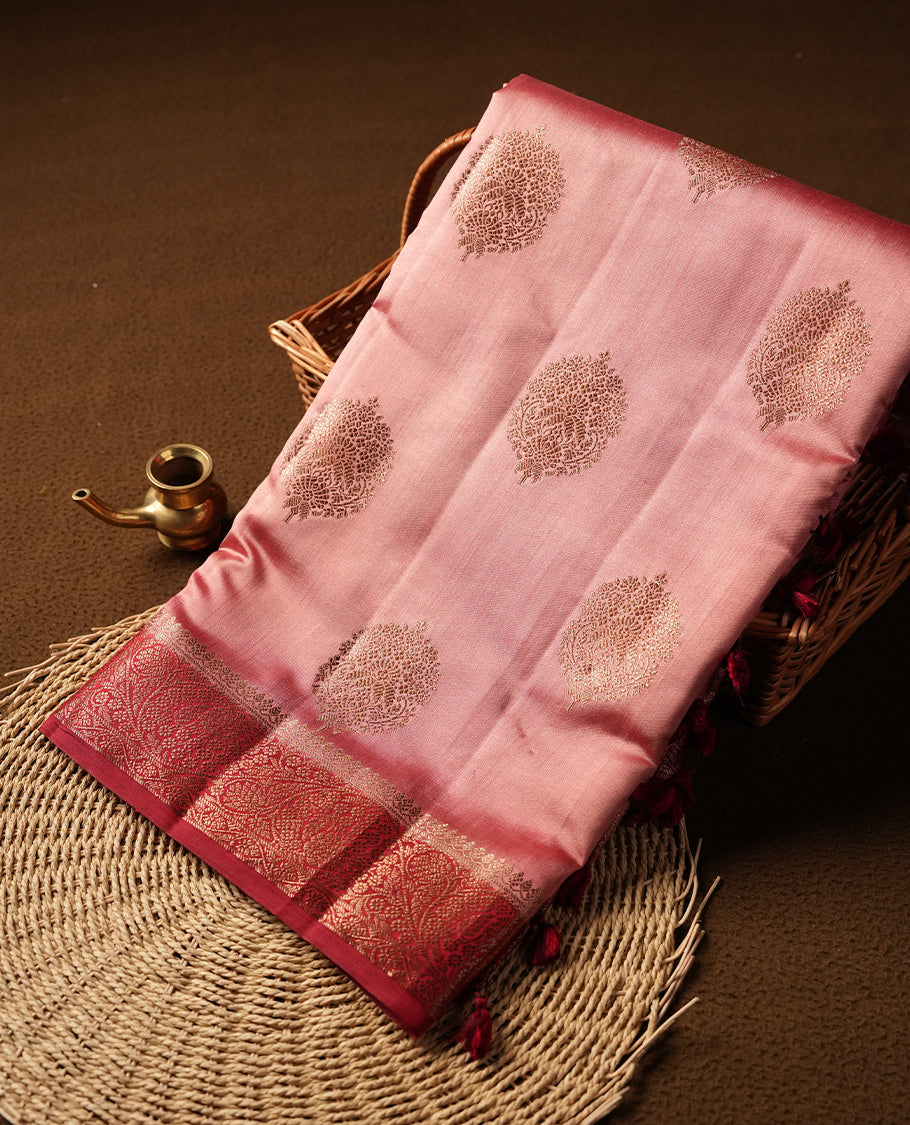 Pink peach Banaras soft silk saree with gold zari oval motifs on body, with contrast Deep red colour floral pattern on pallu, border, and Matching blouse.