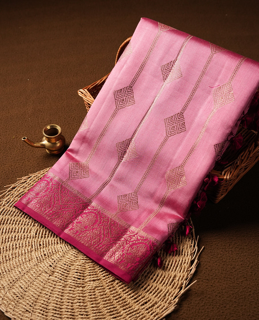 Pink Banaras soft silk saree with gold stripes with square motifs on body, with contrast magenta colour floral pattern on pallu, border, and Matching blouse.