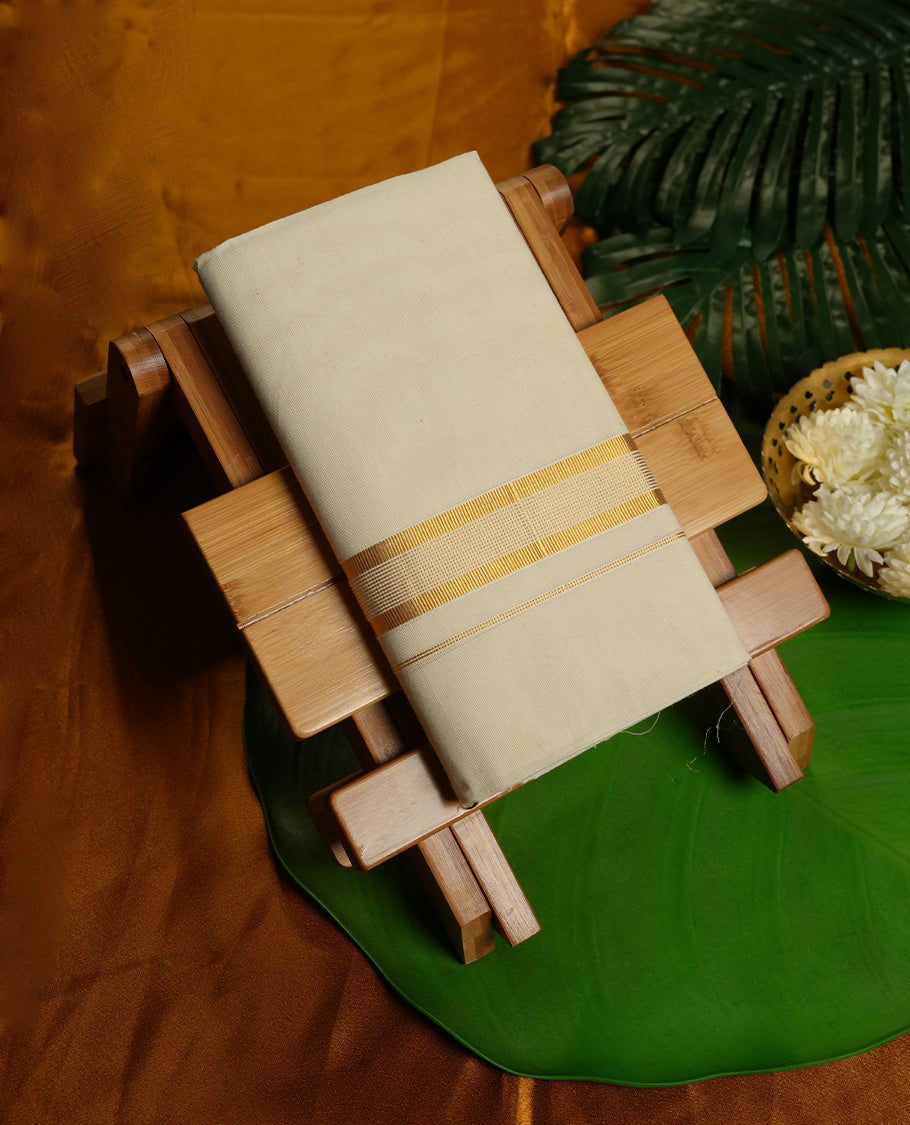 Cream Colour Pure Cotton double Dhoti with Gold Colour  Border for Men