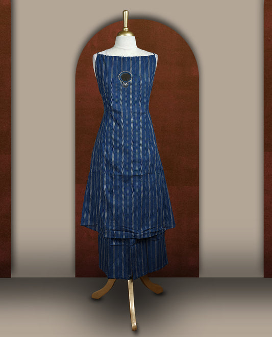 Navy blue colour cotton coord set with handblock arrow print, sleeveless A line kurta, and wide leg pants & Features mirror work on the neckline.