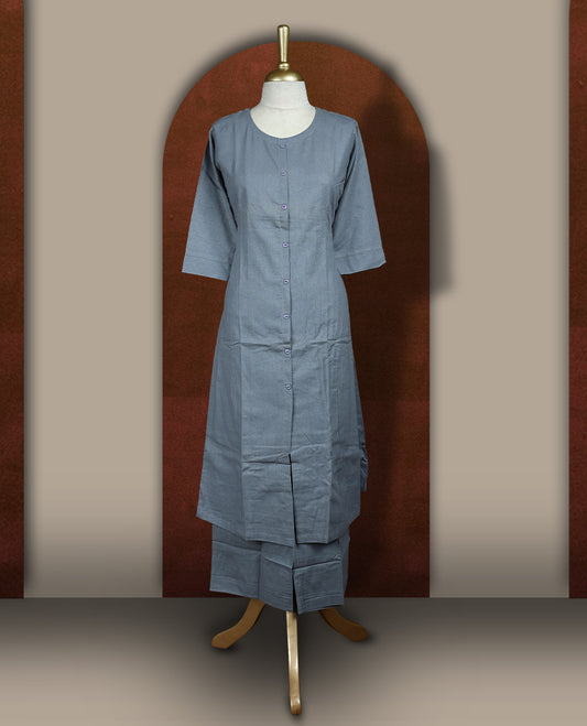 Grey colour cotton coord set featuring a button down kurta with 3/4 sleeves and matching straight pants.