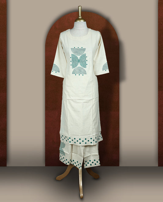 Cream colour cotton co-ord set featuring with green geometric prints and polka dots & comes with matching bottom.