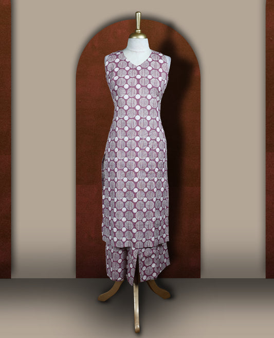 Lavender colour cotton cord set with geometric off white prints, featuring a straight kurta with stylish sleeveless with side slits, paired with coordinated bottoms.