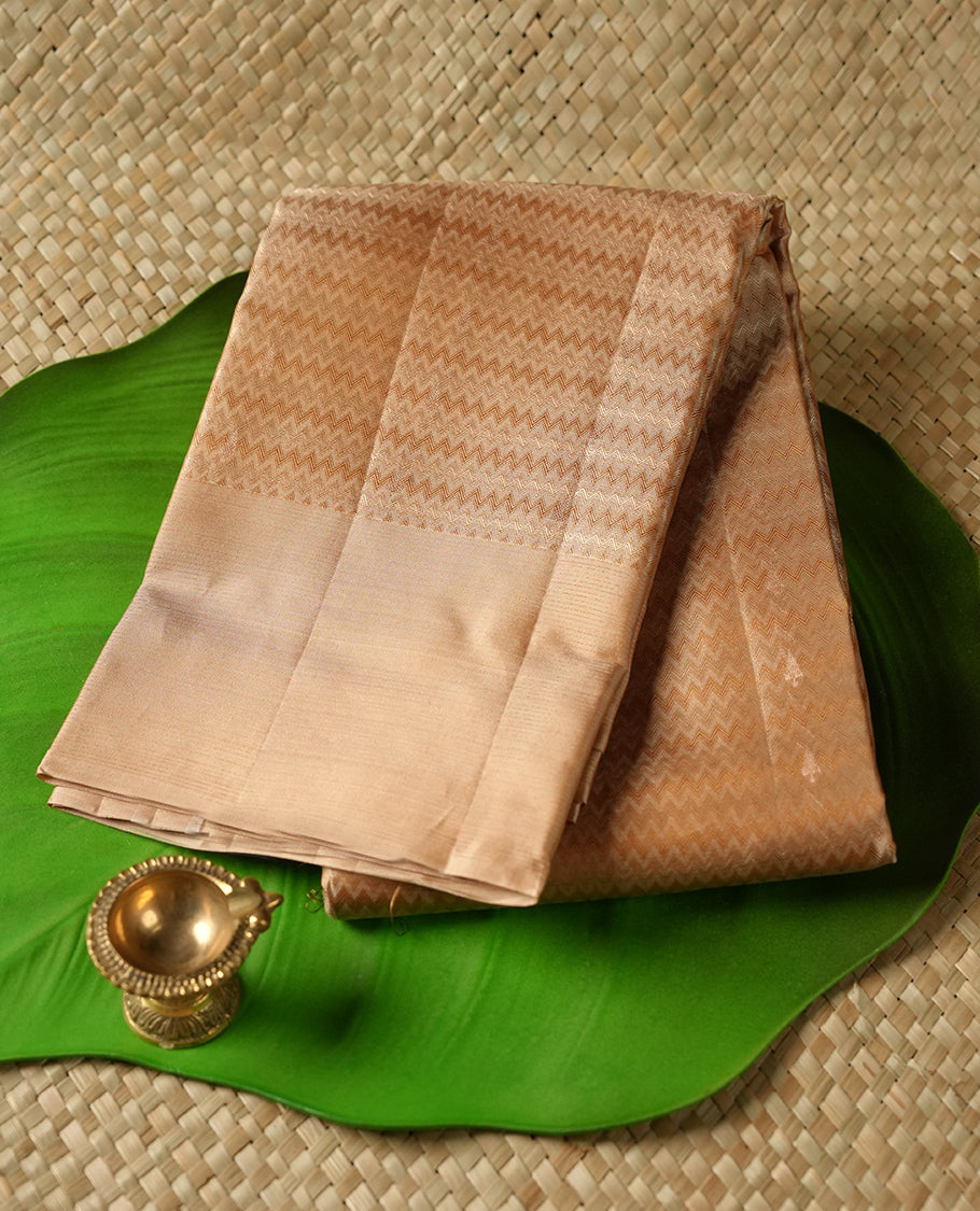 Muted Brown colour Vasundhara silk saree adorned with all-over self coloured zigzag motifs on the body, complemented by a self coloured with gold line motifs border and paired with a matching blouse piece.