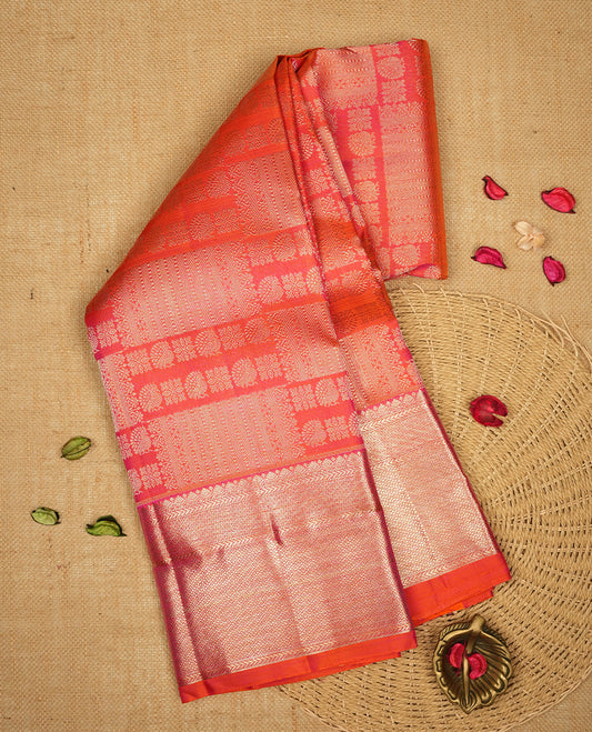Orange colour Kanchipuram Samudrika Silk Saree featuring Square & bird pattern weaving with gold zari jacquard and a traditional zari border, paired with a matching designer jacquard blouse piece