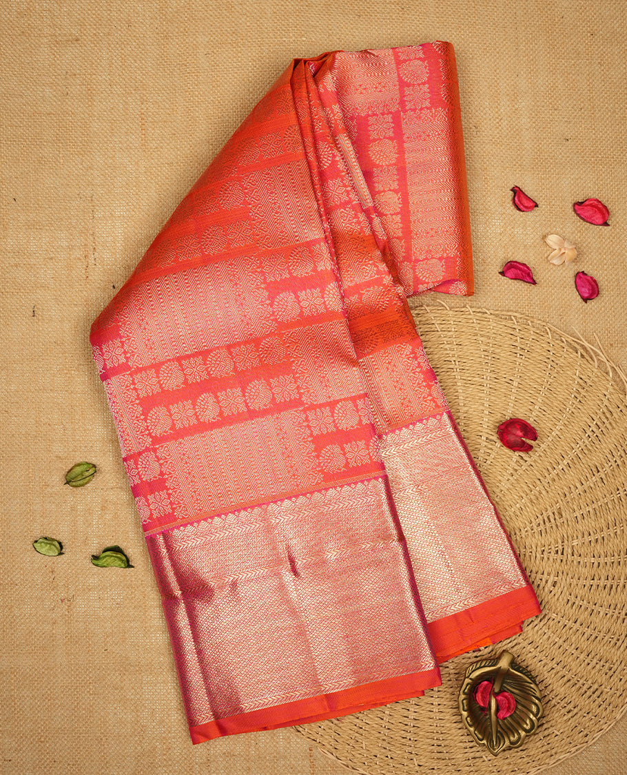 Orange colour Kanchipuram Samudrika Silk Saree featuring Square & bird pattern weaving with gold zari jacquard and a traditional zari border, paired with a matching designer jacquard blouse piece