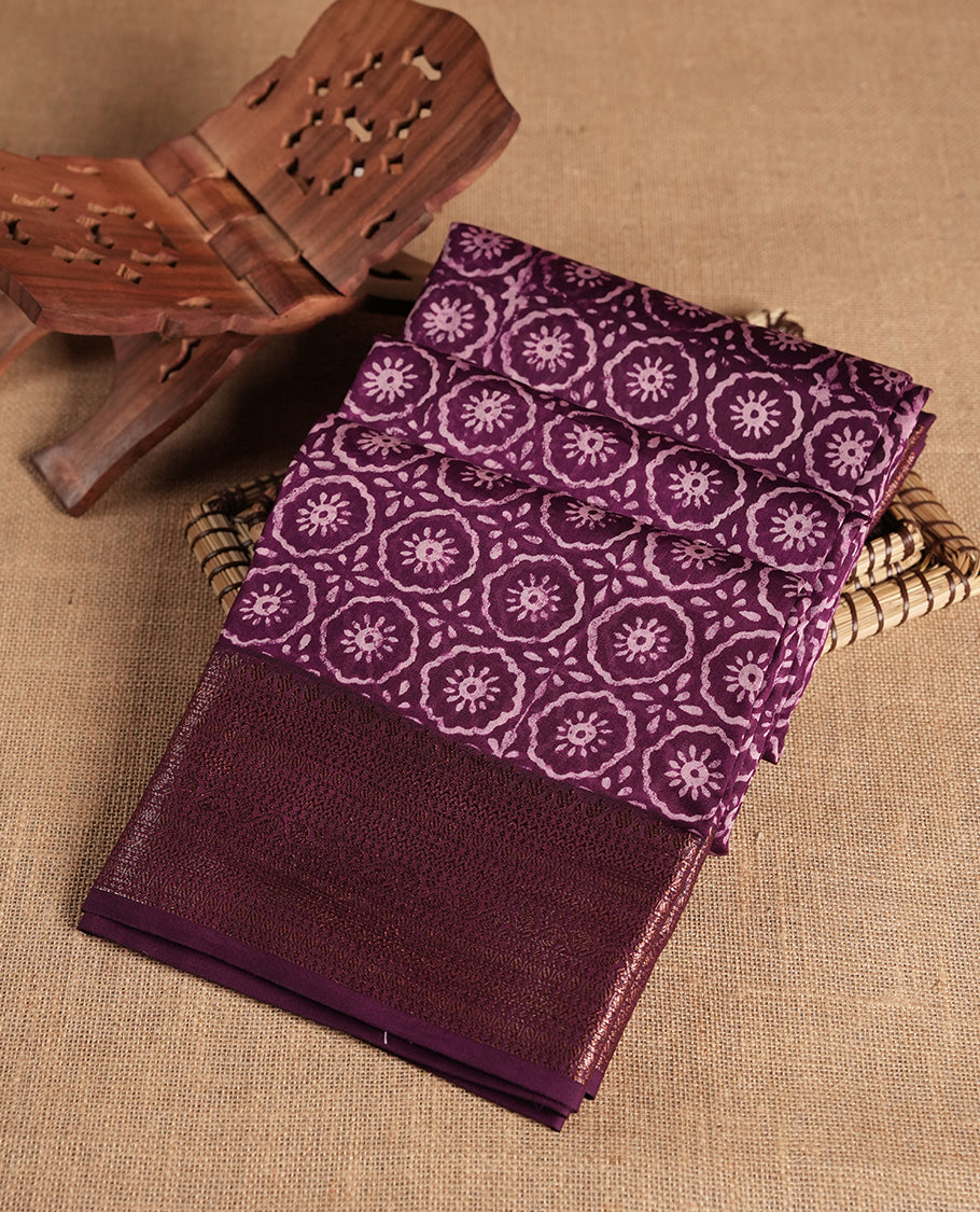 Purple colour chanderi silk saree with Floral block print On body, compilmented by self colour border with antique zari pattern and a matching blouse.
