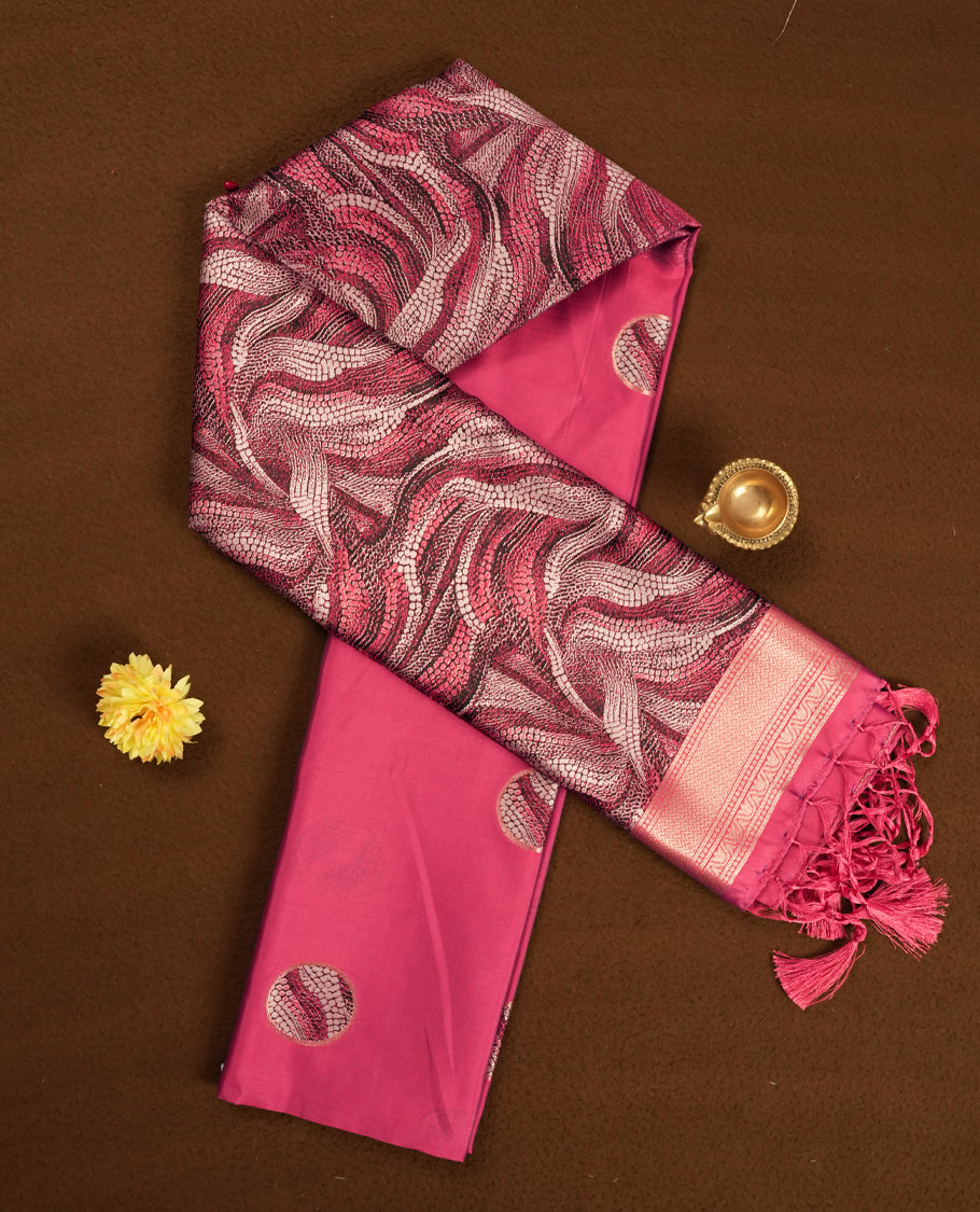 Magenta Pink Colour semi Silk Saree with Silver Circular Butta Motifs, Uniquely Textured Multitone Pallu, Tassel Detailing, and Matching Blouse Piece