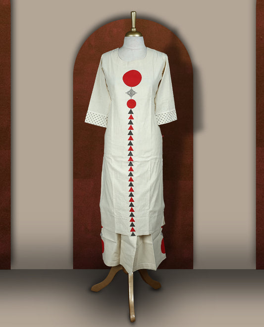 Cream colour cotton co-ord set featuring striking red geometric prints and intricate sleeve detailing & Comes with matching bottoms.