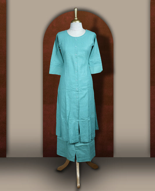 Pastel aqua blue colour coord set featuring a button down straight kurta with round neck and three quarter sleeves, paired with matching wide leg bottoms.