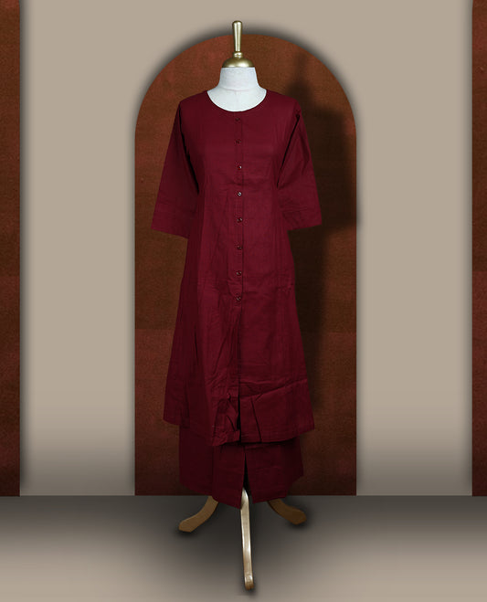 Deep maroon colour cotton coord set featuring a button down kurta with 3/4 sleeves and matching straight pants.