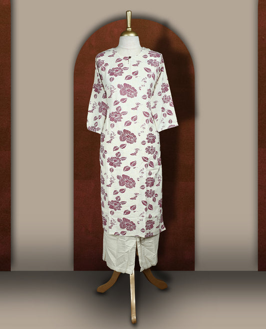 Off white colour cotton cord set featuring a straight kurta with lavender floral prints and 3/4th sleeves, paired with plain matching bottoms.