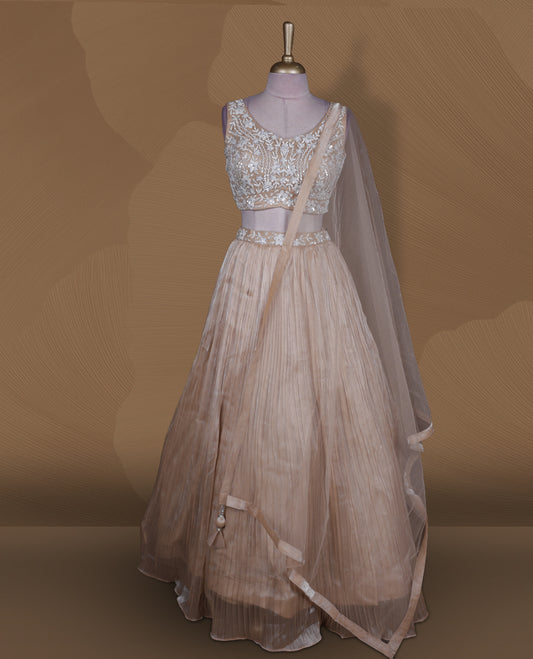Champagne beige colour lehenga set with stitched sleeveless heavily embroidered blouse, matching stitched pleated flared lehenga, and plain sheer dupatta.