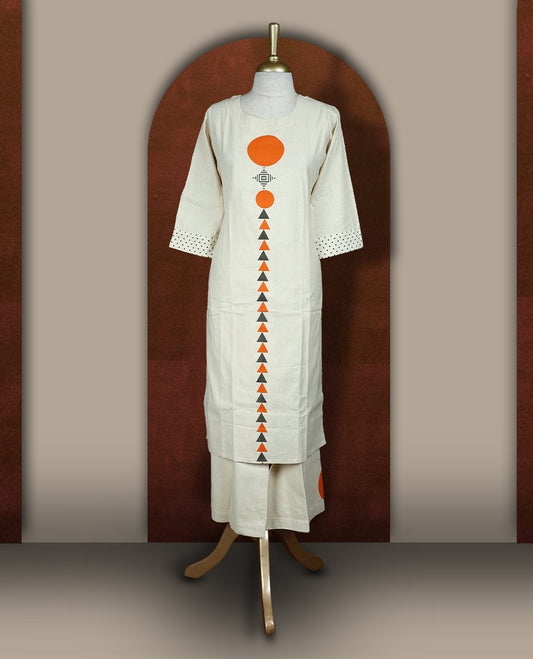 Cream colour cotton co-ord set with bold orange geometric prints and detailed sleeve work & Paired with a matching bottom.