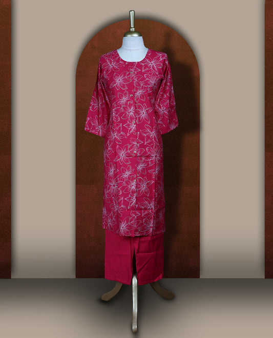 Magenta colour coord set adorned with all over beige colour floral prints, featuring a straight cut kurta with round neckline and 3/4th sleeves, paired with matching bottoms.