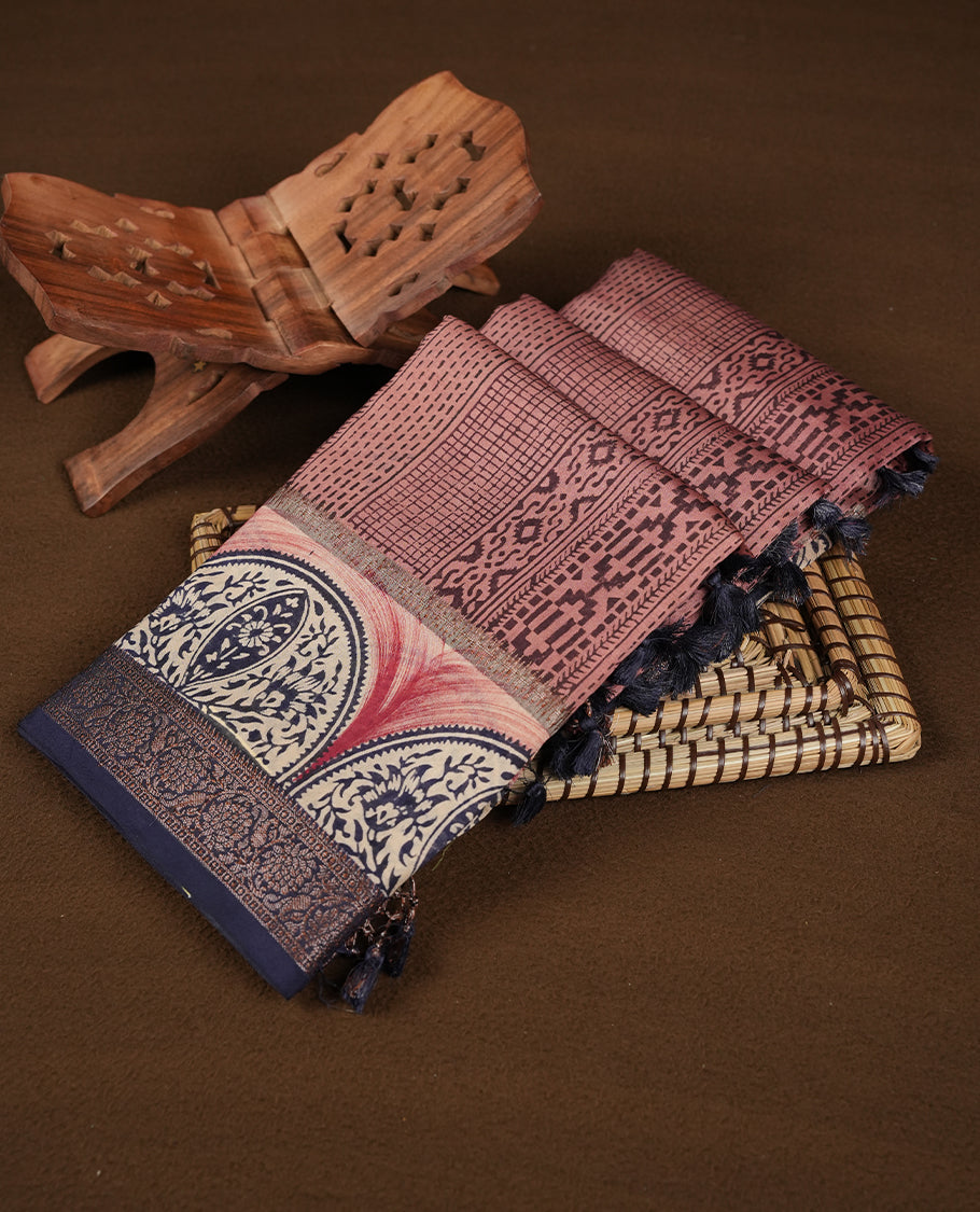 Pink colour chanderi silk saree featuring geometric print pattern across body, with contrast Blue colour border with zari pattern and paired with matching blouse.