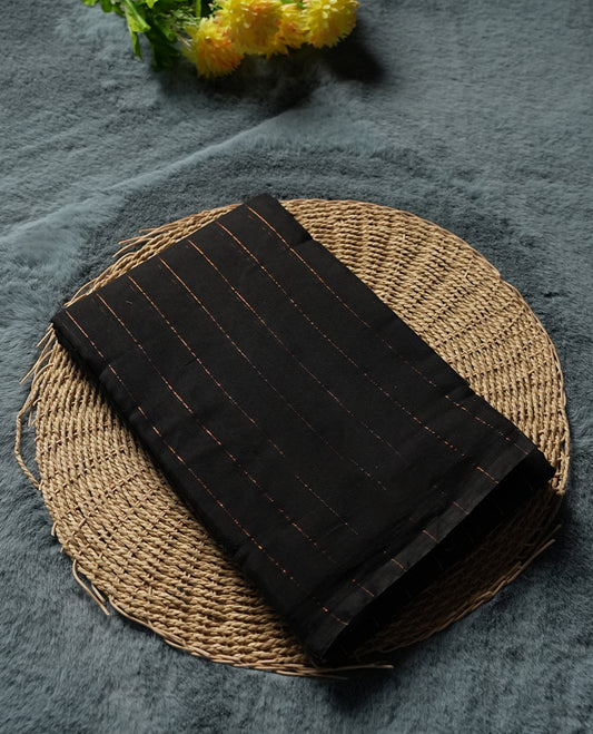 Black Colour Silk Cotton Saree with Gold Striped Body, Accented by Red and Gold Zari Striped Pallu, Paired with Matching Blouse Piece