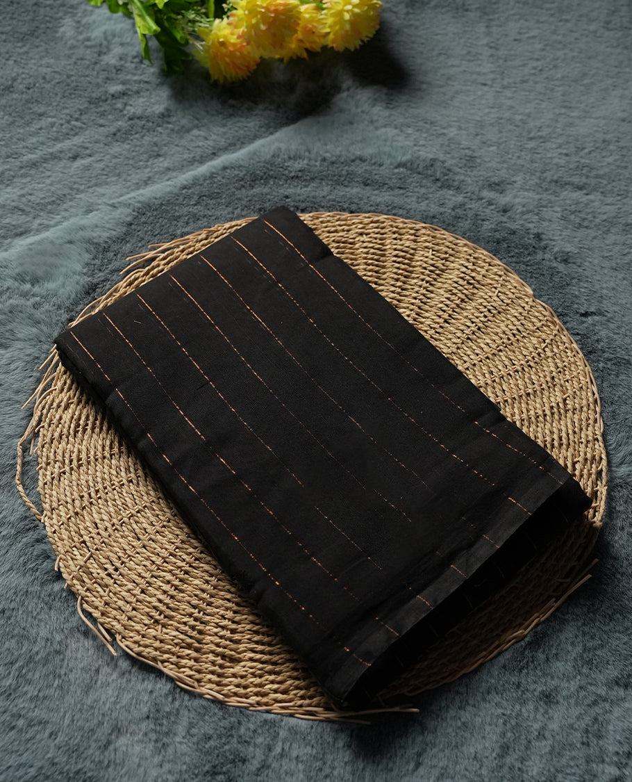 Black Colour Silk Cotton Saree with Gold Striped Body, Accented by Red and Gold Zari Striped Pallu, Paired with Matching Blouse Piece