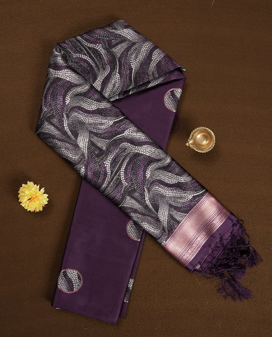 Plum Purple Semi Silk Saree with Silver Circular Buttas, Multitone Textured Wavy Pallu with Satin Zari Edge and Tassels, Paired with Coordinated Blouse Piece