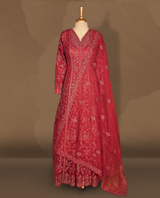 Deep red colour fully embroidered stitched gown set with V‑neckline, full sleeves, all‑over sequin and bead floral work, and matching net dupatta with heavily embellished border.