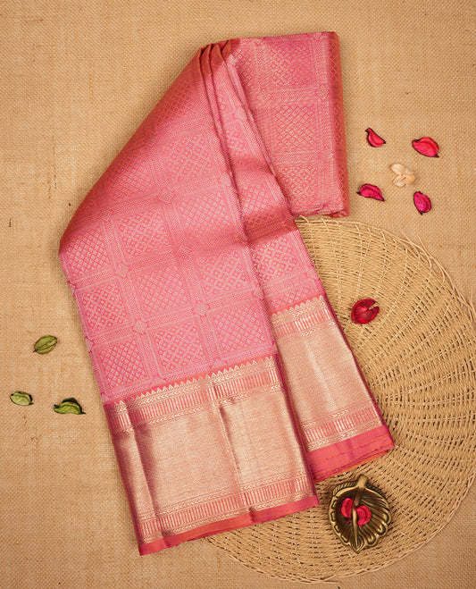 Pink colour Kanchipuram Samudrika Silk Saree featuring Square pattern weaving with gold zari jacquard and a traditional Kanchipuram zari border, paired with a matching designer jacquard blouse piece