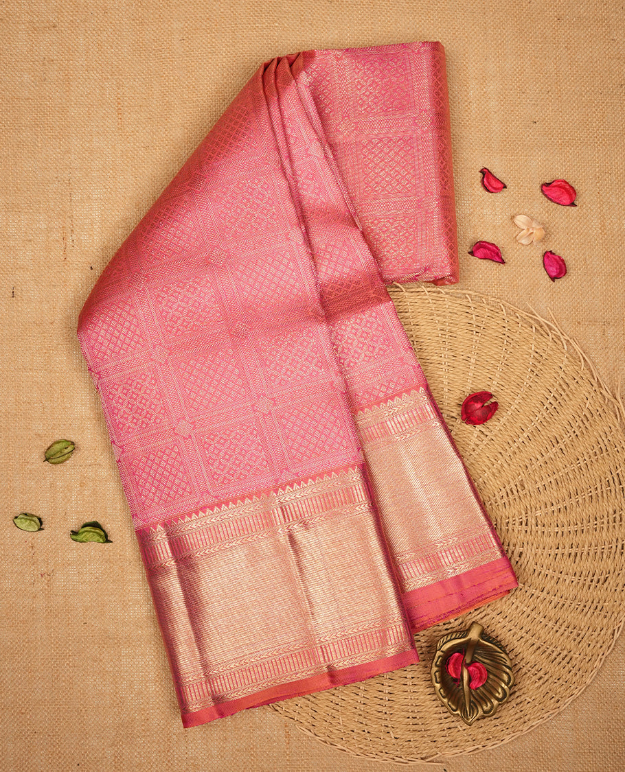 Pink colour Kanchipuram Samudrika Silk Saree featuring Square pattern weaving with gold zari jacquard and a traditional Kanchipuram zari border, paired with a matching designer jacquard blouse piece