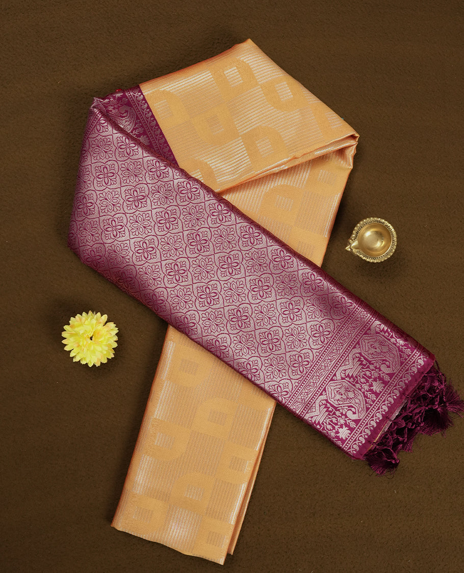 Golden Peach Colour Silk Saree with Self-Checked Geometric Patterns, Contrasting Magenta Zari Woven Pallu and Border Featuring Intricate Floral Motifs and Tassels, Paired with Matching Blouse Piece