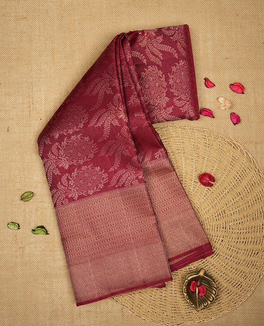 Burgundy colour Kanchipuram Samudrika Silk Saree featuring Floral pattern weaving with gold zari jacquard and a traditional zari border, paired with a matching designer jacquard blouse piece