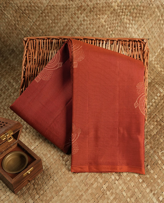 Burnt orange Colour Pure Kancheepuram Silk Saree having gold Floral pattern on Body without Border and matching Blouse