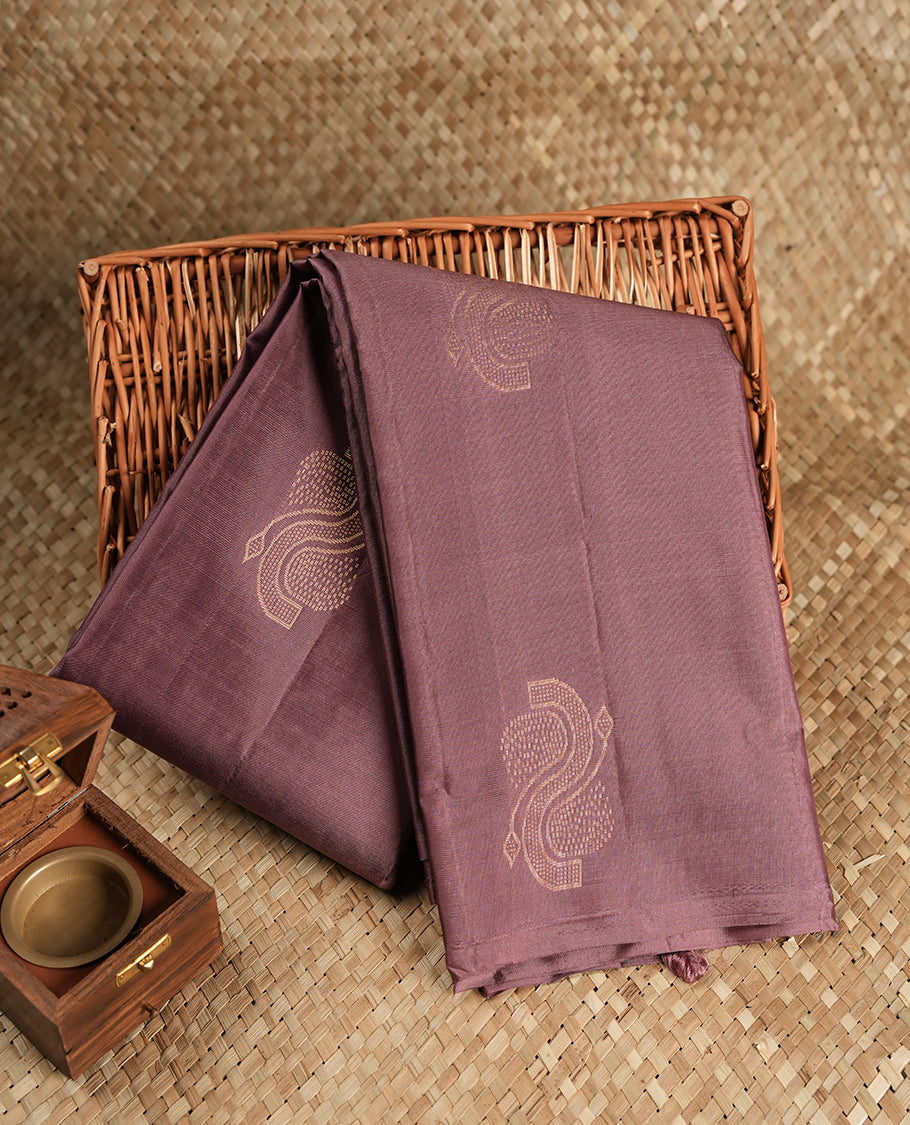 Dusty lavender Colour Pure Kancheepuram Silk Saree having gold pattern on Body without Border and matching Blouse