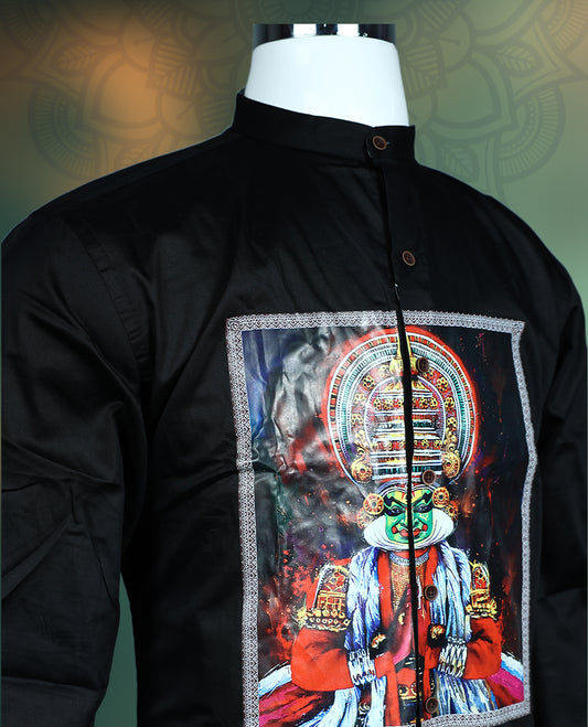 Stylish black cotton shirt featuring a vibrant Kathakali themed digital print on the front panel, designed with a mandarin collar and button down closure, perfect for cultural events and festive occasions.