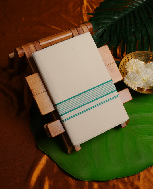 Cream colour RAMRAJ cotton single dhoti featuring mint green colour zari border