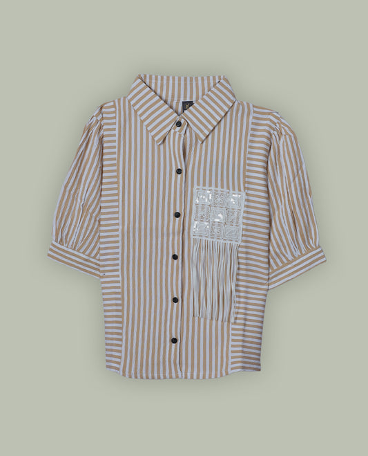 Yellow & white colour shirt top with decorative front button & stripped body, thread pattern and sleeve.