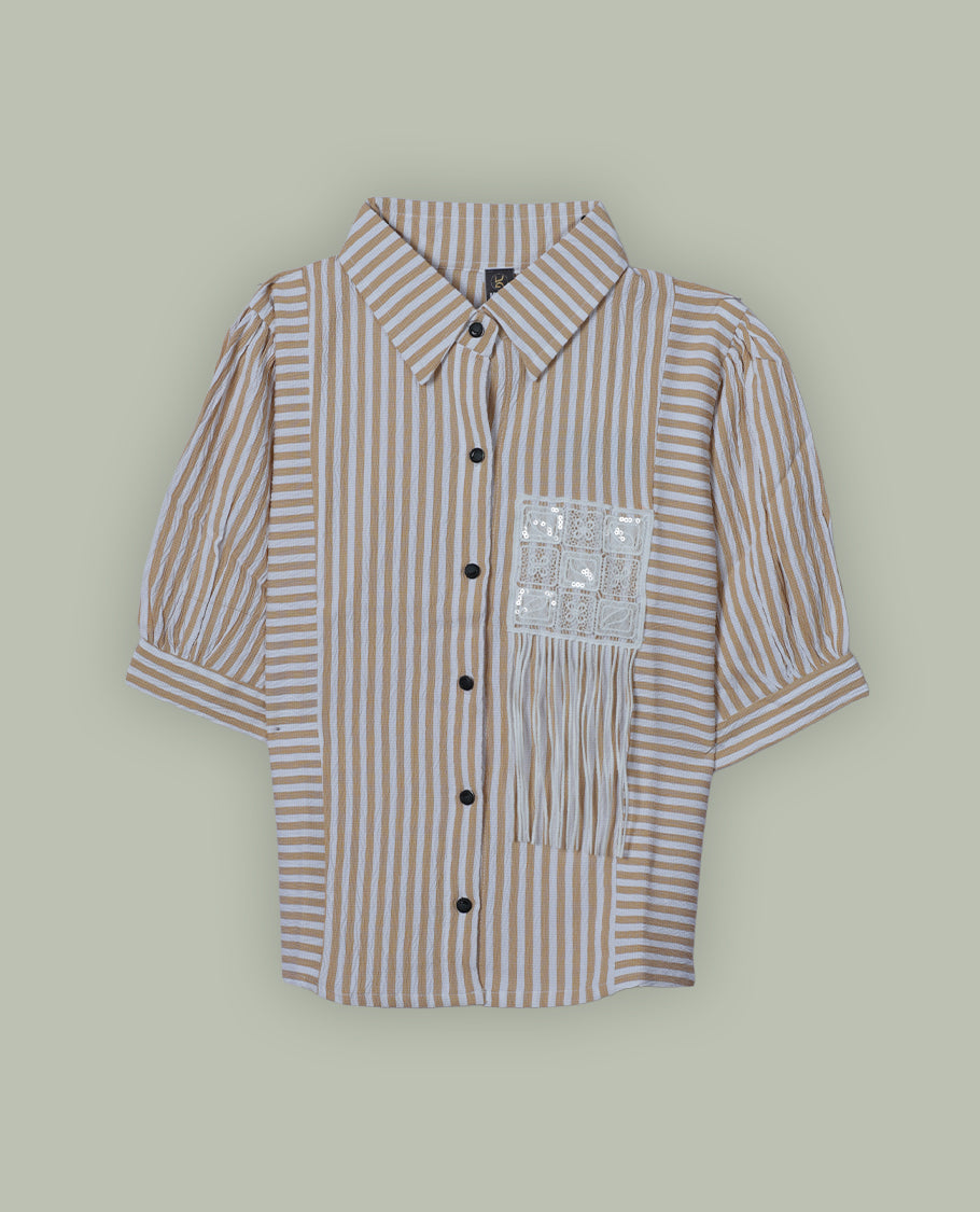 Yellow & white colour shirt top with decorative front button & stripped body, thread pattern and sleeve.