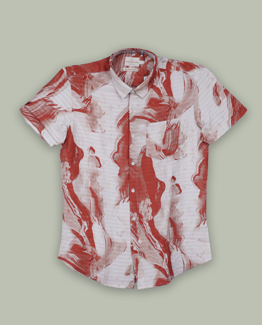Off white colour shirt featuring a subtle brick red colour self print design, Designed with a classic collar and short sleeves, it blends effortless style with everyday comfort.