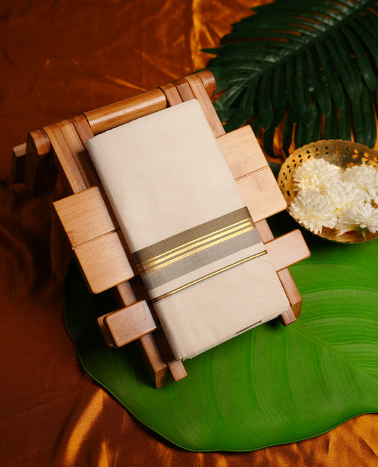 Cream colour cotton double dhoti featuring olive, gold and grey zari border