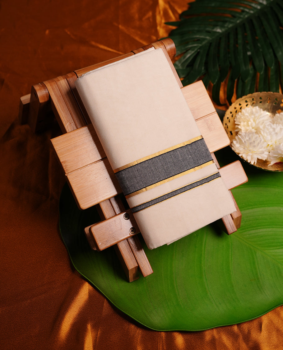 Cream colour cotton double dhoti featuring black grey and gold border